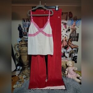 PINK Victoria's Secret Red Velour Trackpant And White Pink Lace Tank Set